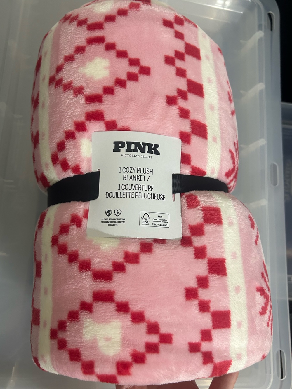 Victoria's Secret Pink Plush Blanket
50x60 in Pink Red Aztec Cozy Soft NWT